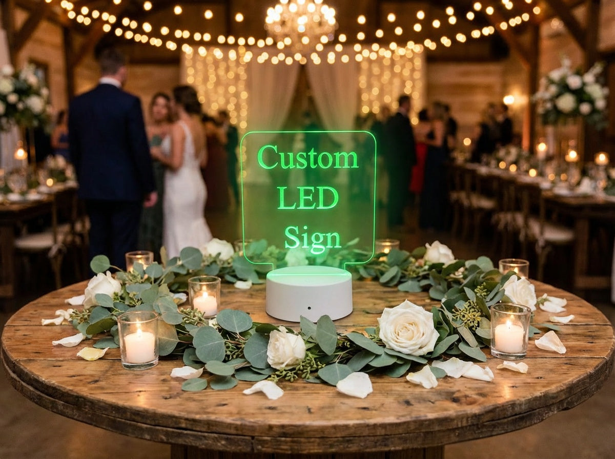 Custom engraved acrylic LED sign used as a lit centerpiece on a rustic wedding table