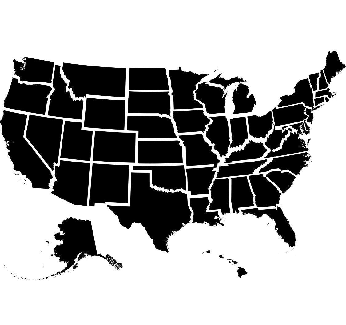 Outline map of the United States showing how each state is cut as a separate wood piece