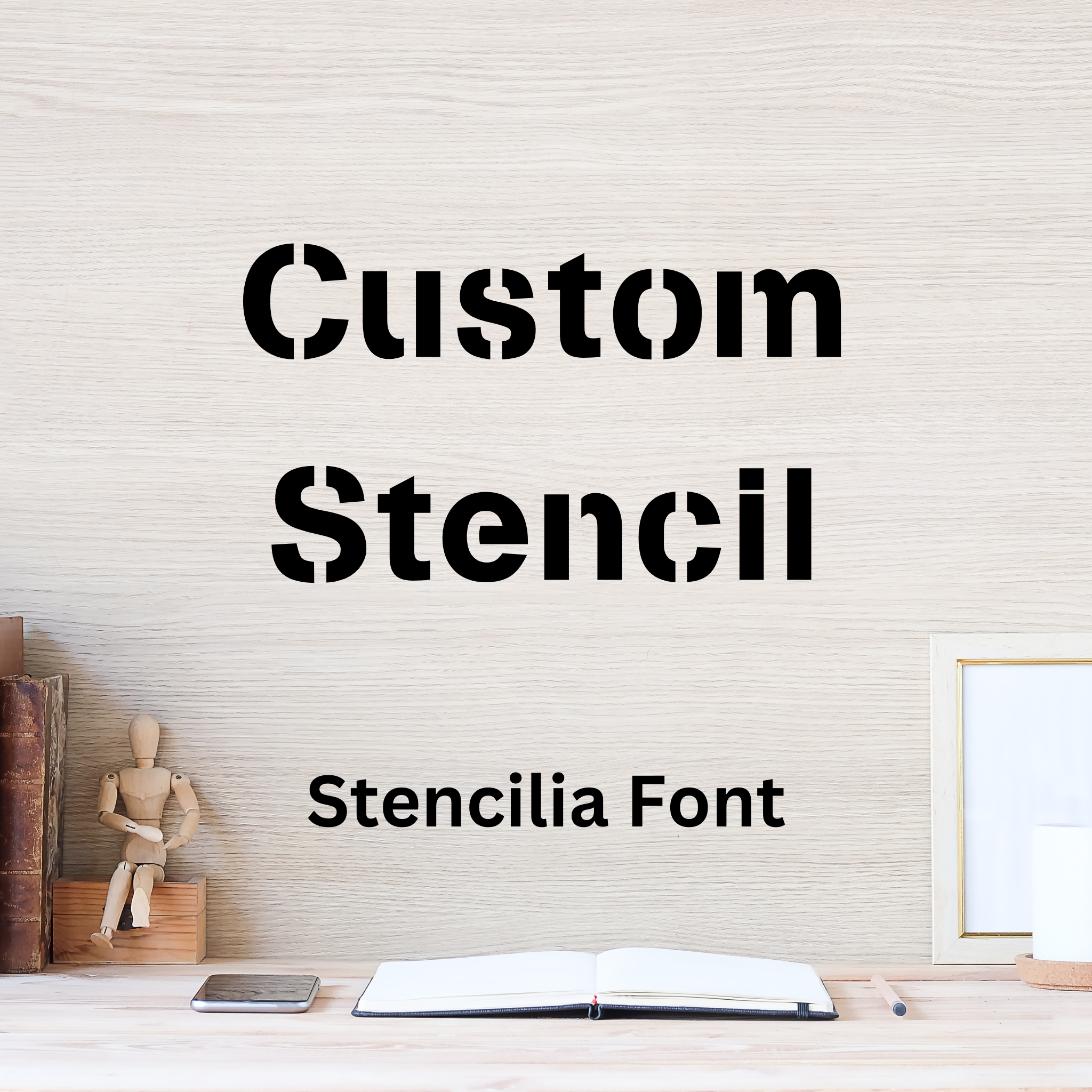 Custom reusable stencil lettering sample showing available stencil font styles