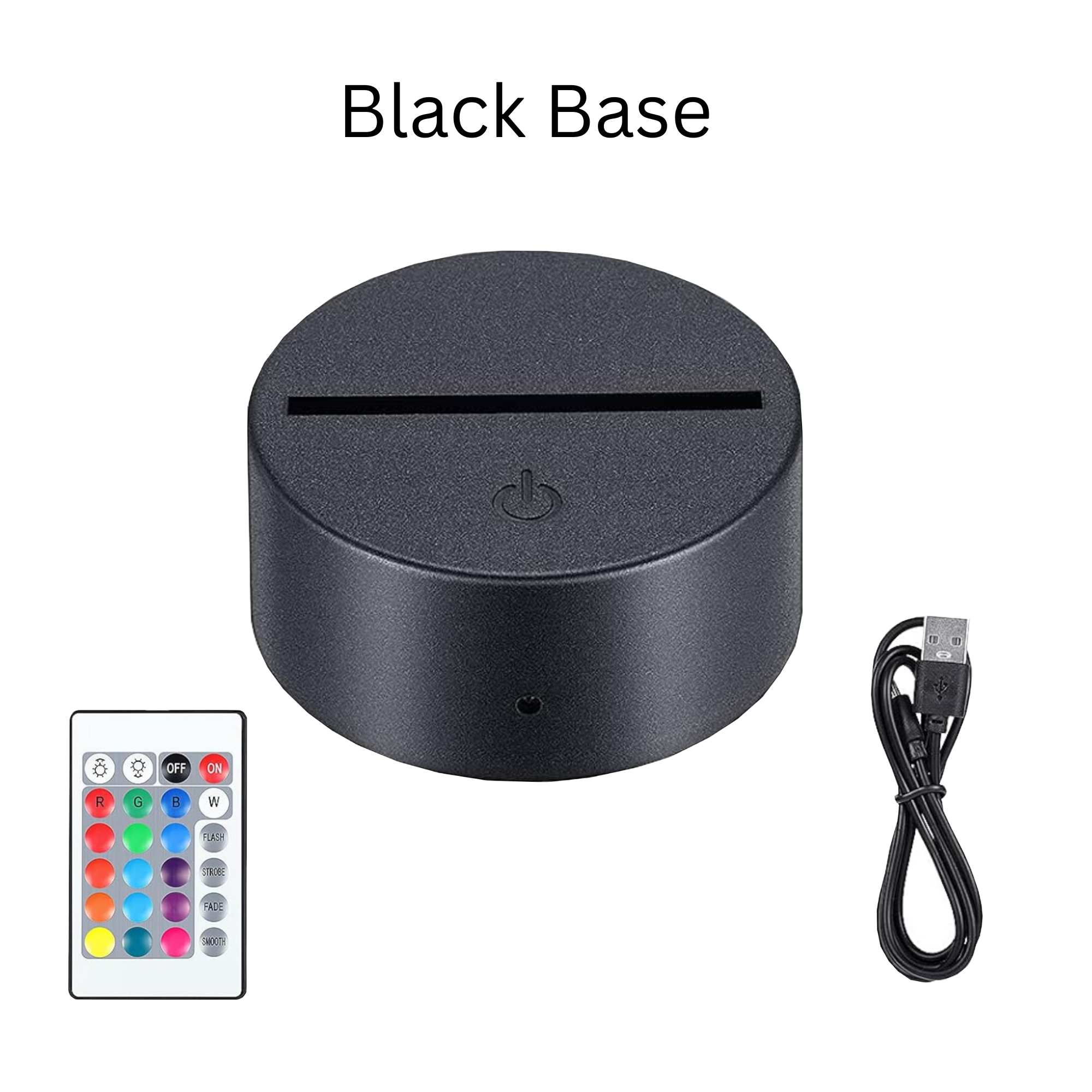 Black LED base for the acrylic table sign shown with the included wireless remote