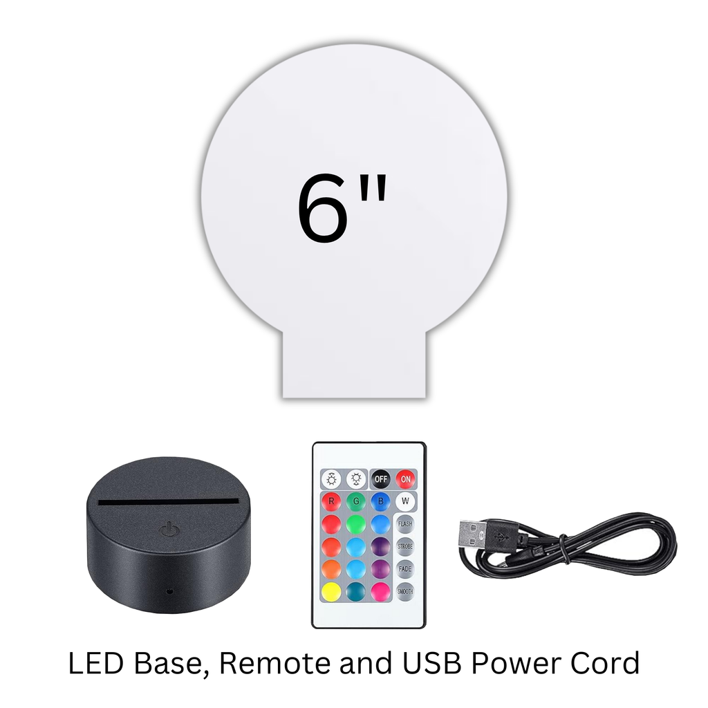 Six inch acrylic LED table sign panel shown with the LED base, wireless remote and USB power cord