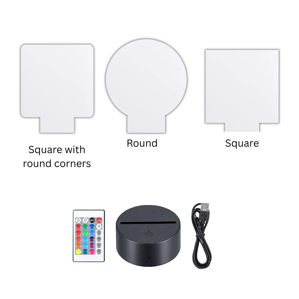 Three acrylic panel shape options for the LED table sign: square with round corners, round, and square