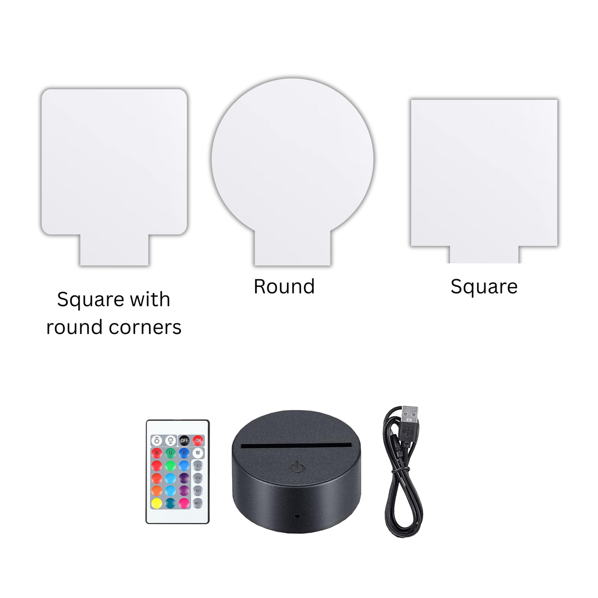 Three acrylic panel shape options for the LED table sign: square with round corners, round, and square