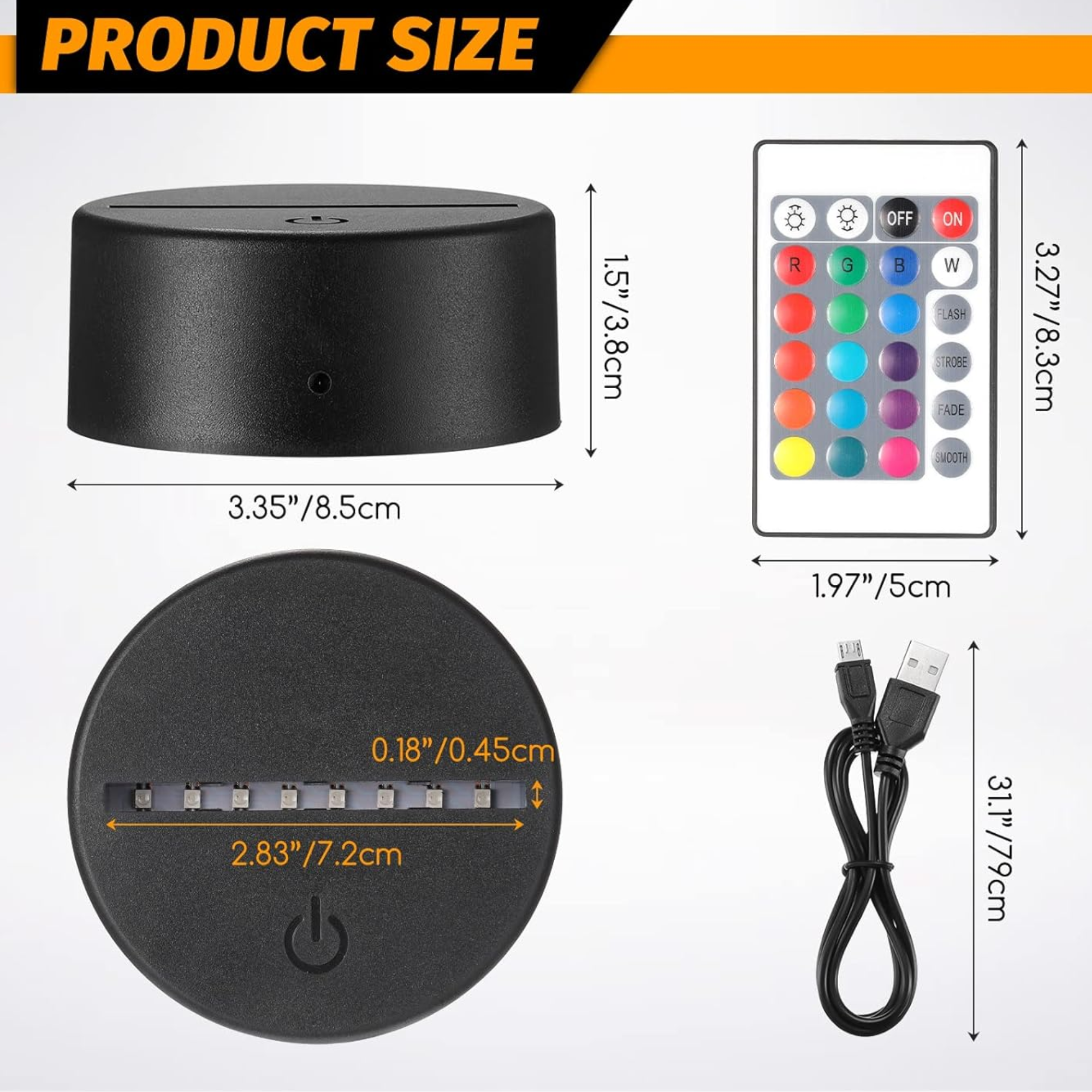 Size chart for the acrylic LED table sign: 3.35 inch base diameter, 1.5 inch base height, remote and USB cord dimensions