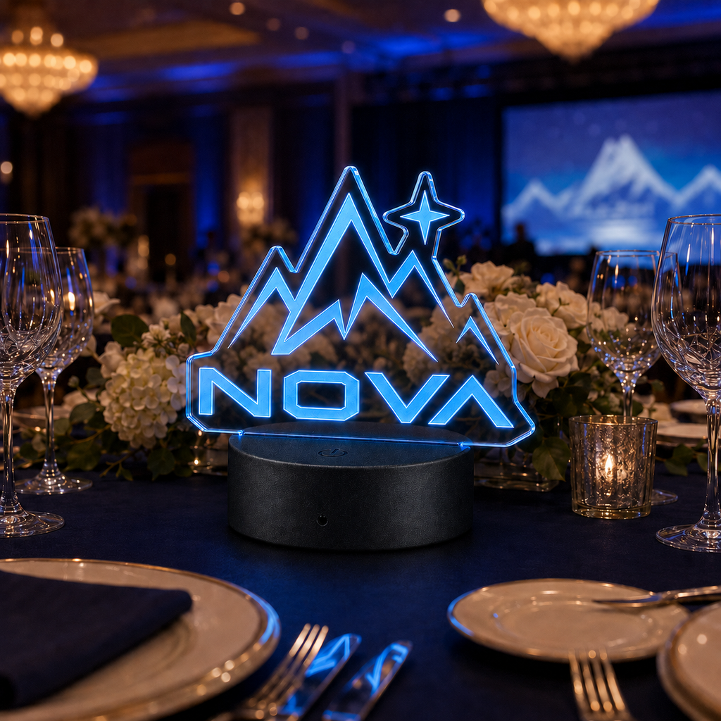 Custom clear die-cut LED acrylic business logo sign used as a corporate gala centerpiece