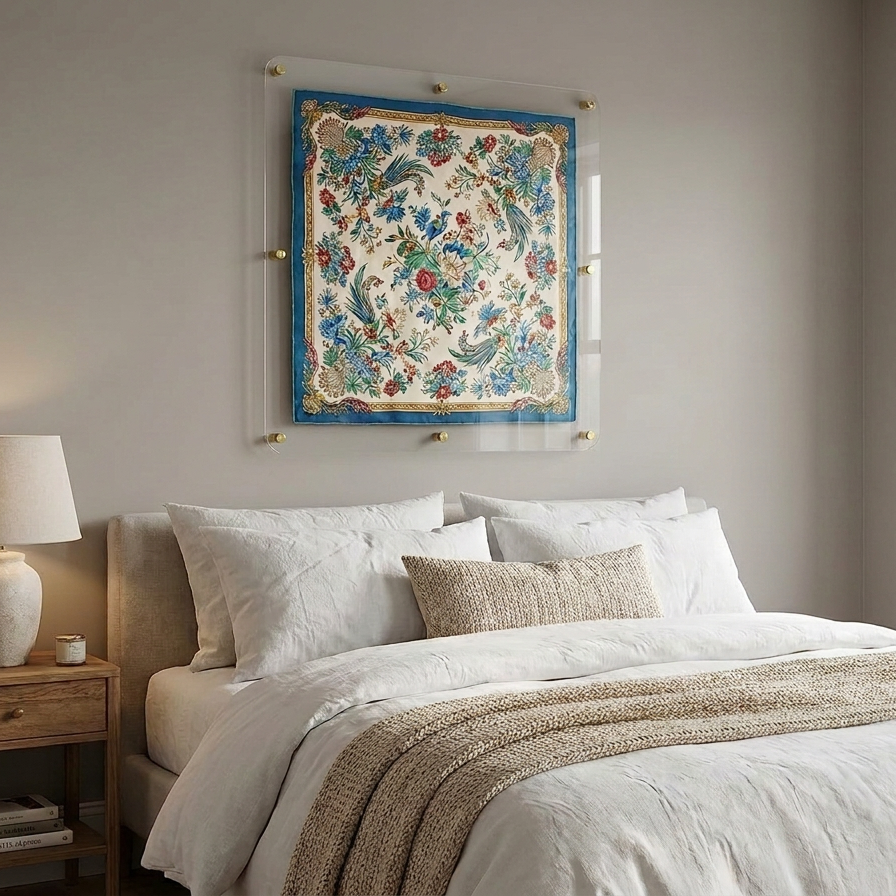 A framed wall hanging with a colorful floral and bird pattern is displayed above a neatly made bed in a softly lit bedroom. The room has beige walls, white bedding, a wooden nightstand, and a lit table lamp.