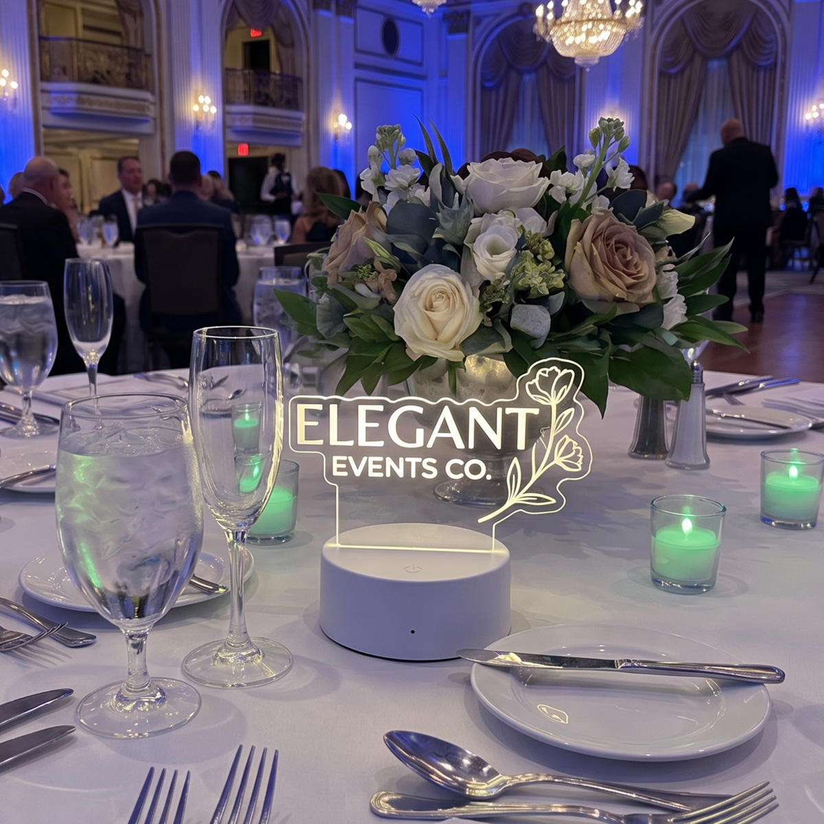 A round wedding reception table set with a floral centerpiece, clear glass candle holders, water glasses, and silver flatware on a white tablecloth. A central logo reads 'Elegant Events Co'.