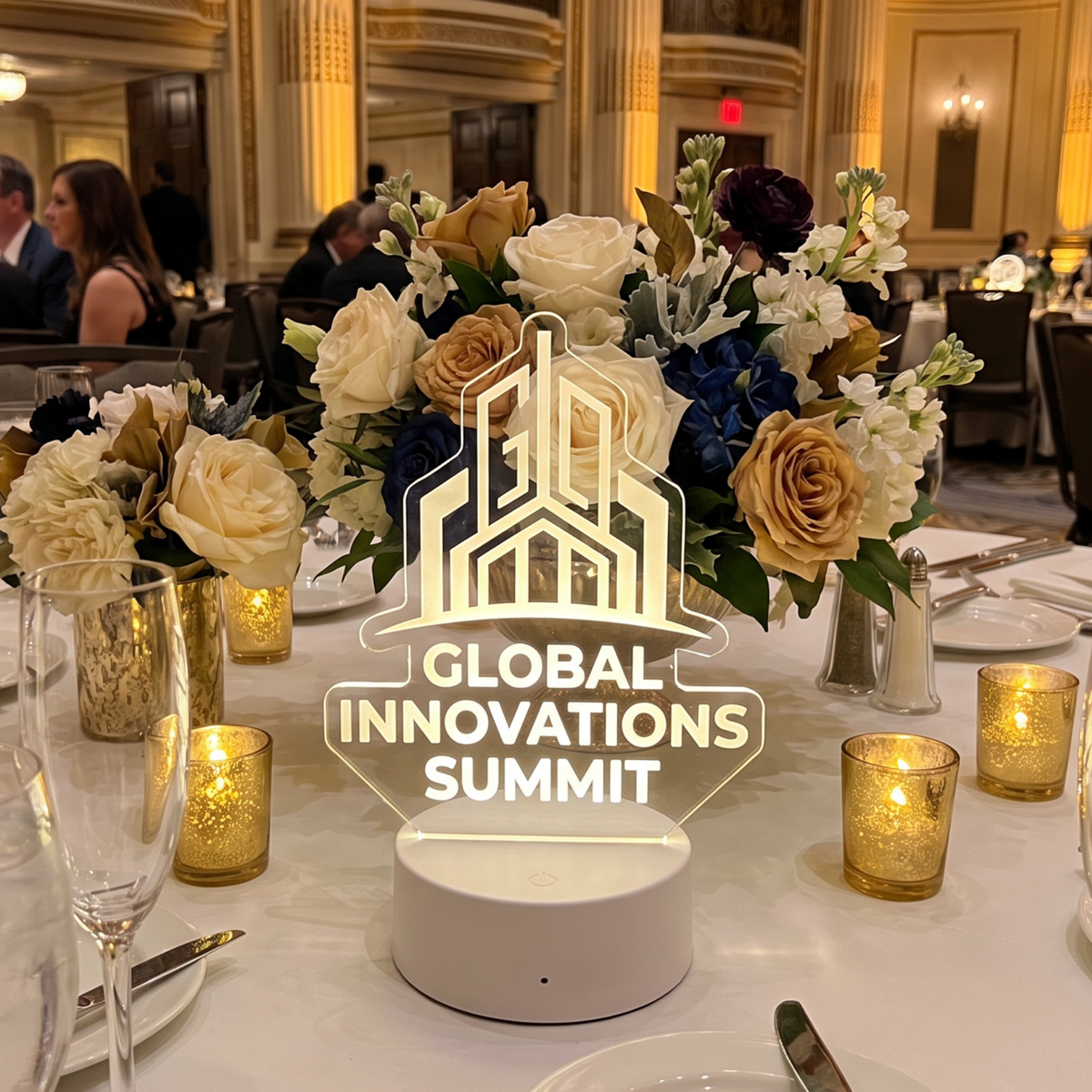 A round acrylic sign reading 'GLOBAL INNOVATIONS SUMMIT' with a geometric logo, displayed on a decorated dinner table at an indoor event. The sign is illuminated and centered among floral arrangements, candles, water glasses, and plates in a grand banquet hall with guests seated in the background.