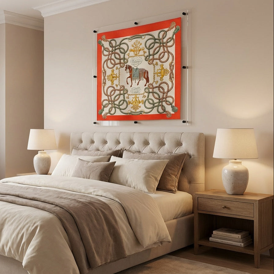 A luxury-style wall tapestry with a vibrant orange border, intricate green and gold knotwork, and a central horse motif, displayed in a styled bedroom above a tufted bed.