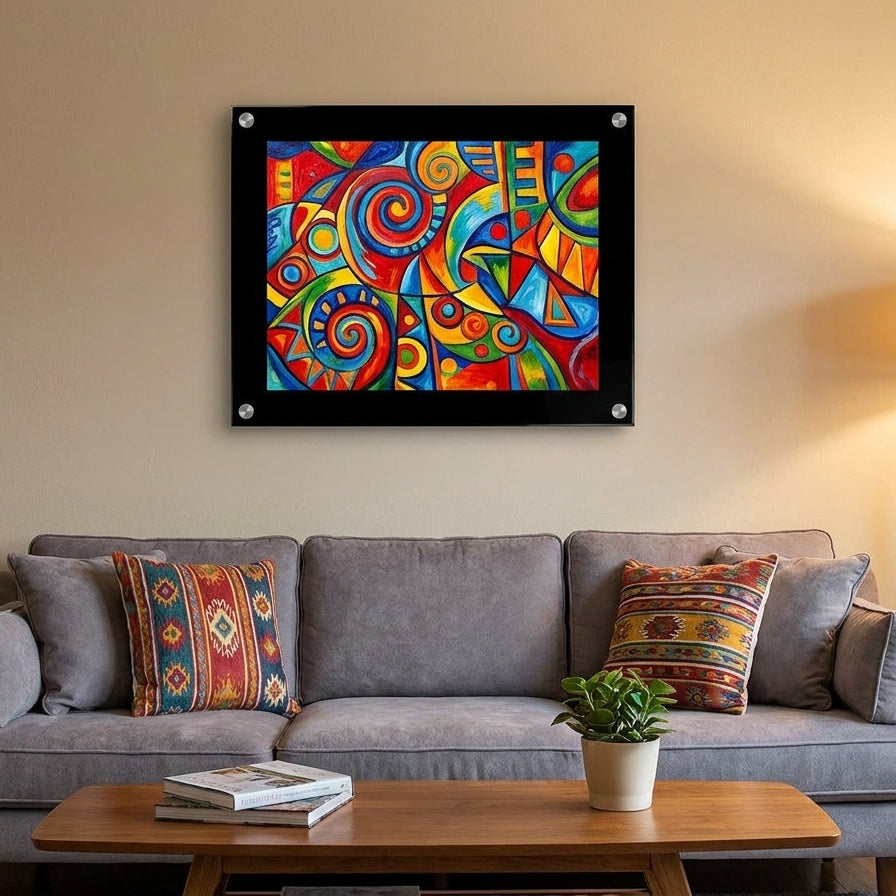 A colorful abstract geometric wall art print with swirling patterns in red, yellow, blue, green, and orange, displayed in a black frame hanging above a gray sofa in a living room setting.