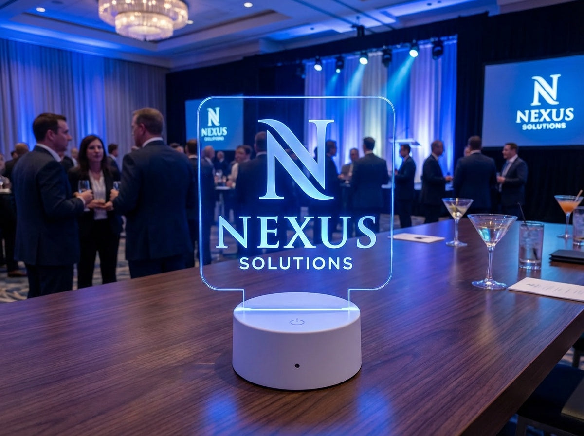 Edge-lit acrylic LED sign engraved with a company logo on a table at a corporate event
