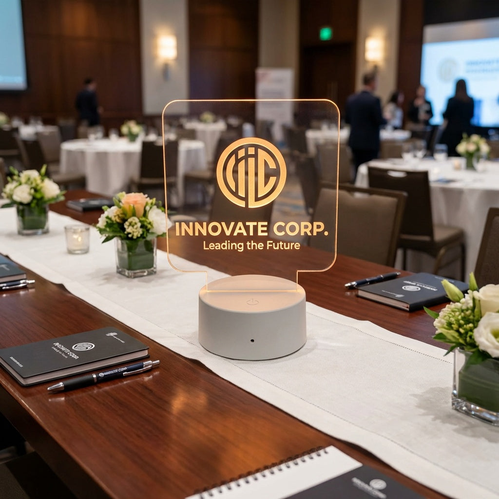 Custom acrylic LED sign engraved with a company logo lit up on a conference room table