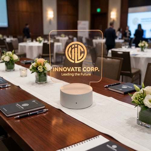 Custom acrylic LED sign engraved with a company logo lit up on a conference room table