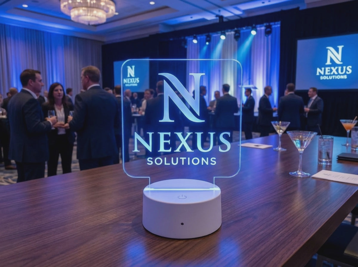 Custom engraved acrylic LED table sign lit up as a centerpiece on a table at a corporate event
