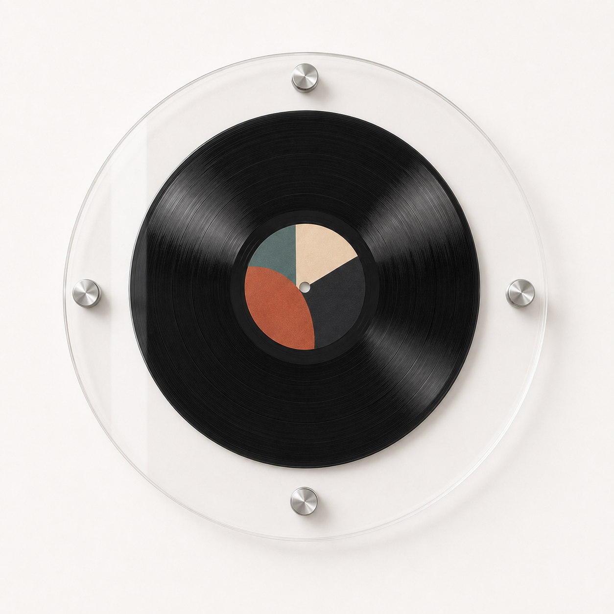 Clear round acrylic frame displaying one 12-inch vinyl record
