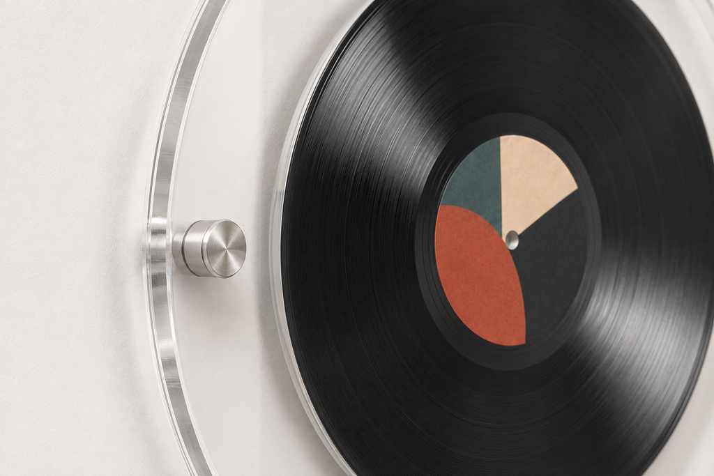 Close-up of layered round acrylic panels, silver standoff and vinyl grooves