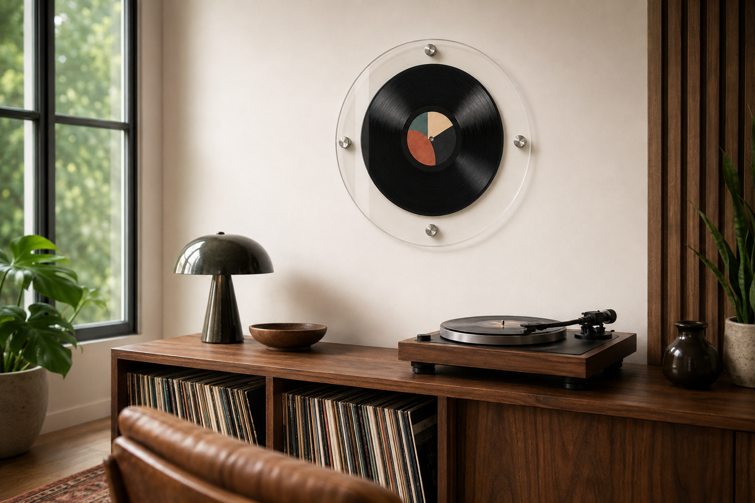 Round acrylic vinyl record frame displayed in a modern music room