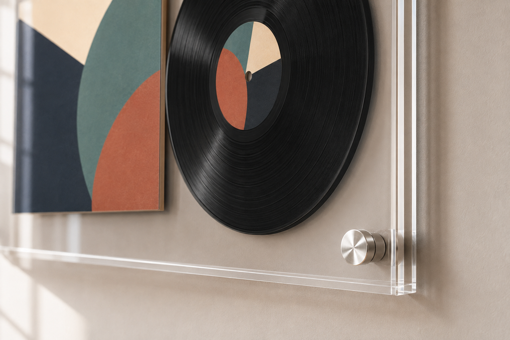Close-up of clear acrylic panels, silver standoff and vinyl record grooves