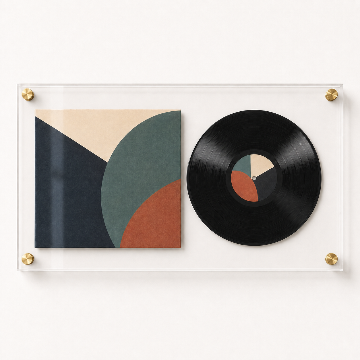 Clear acrylic vinyl record frame with brushed gold standoffs