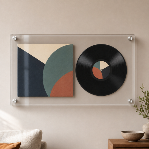 Clear floating acrylic frame displaying a vinyl record and album cover side by side