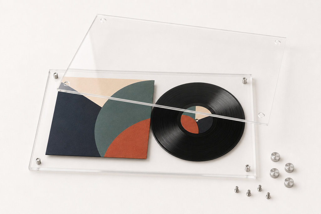 Open clear acrylic vinyl frame showing two panels and mounting hardware