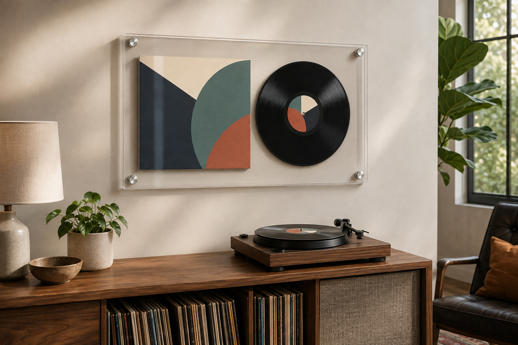 Clear acrylic vinyl record frame displayed above a record player in a modern music room