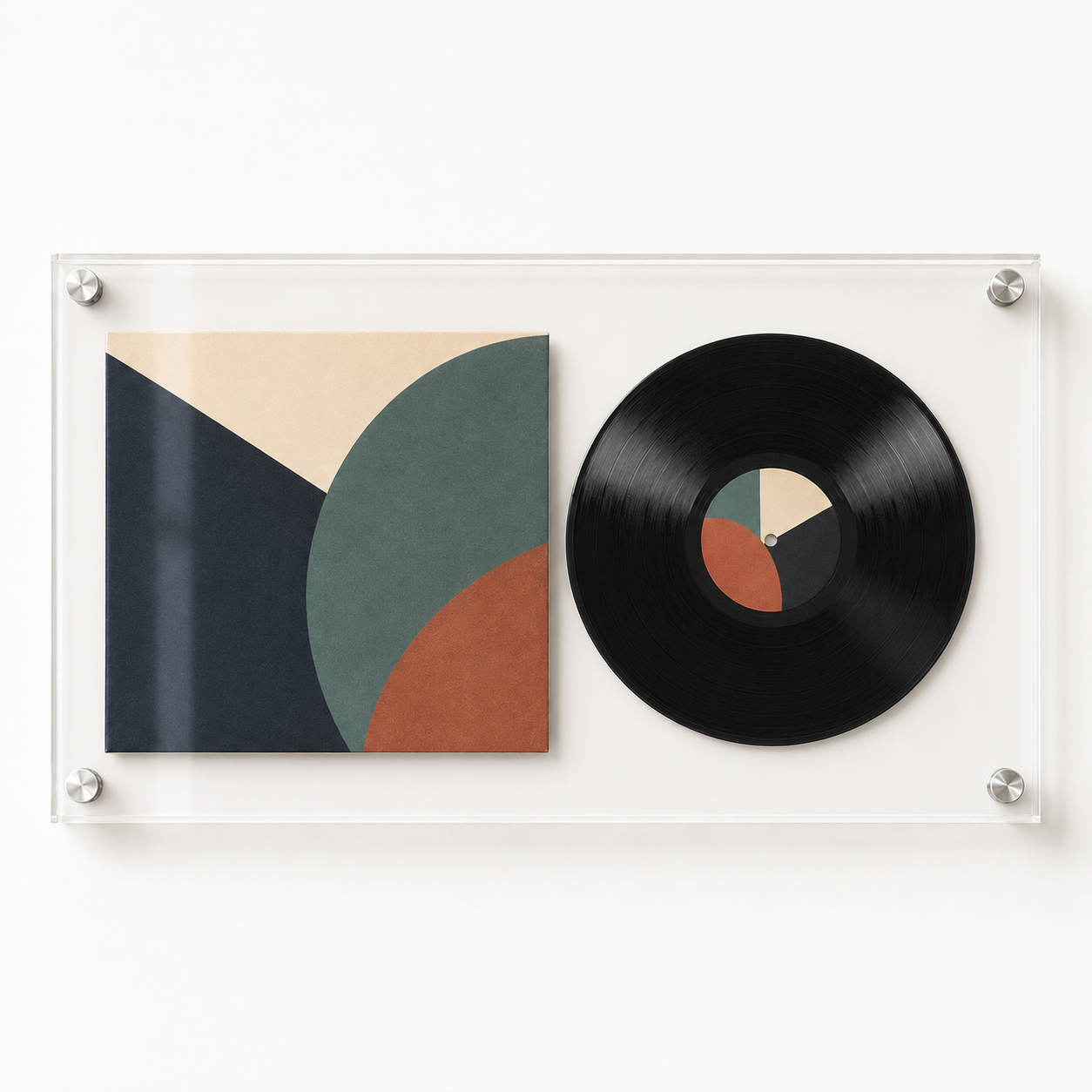 Studio view of clear acrylic frame for a vinyl record and album cover