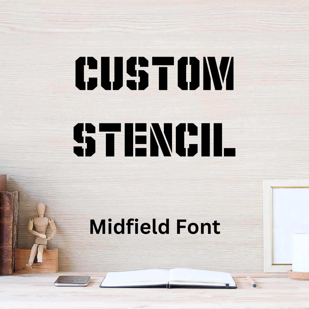 Custom stencil lettering sample in the Midfield font, a wide athletic stencil typeface