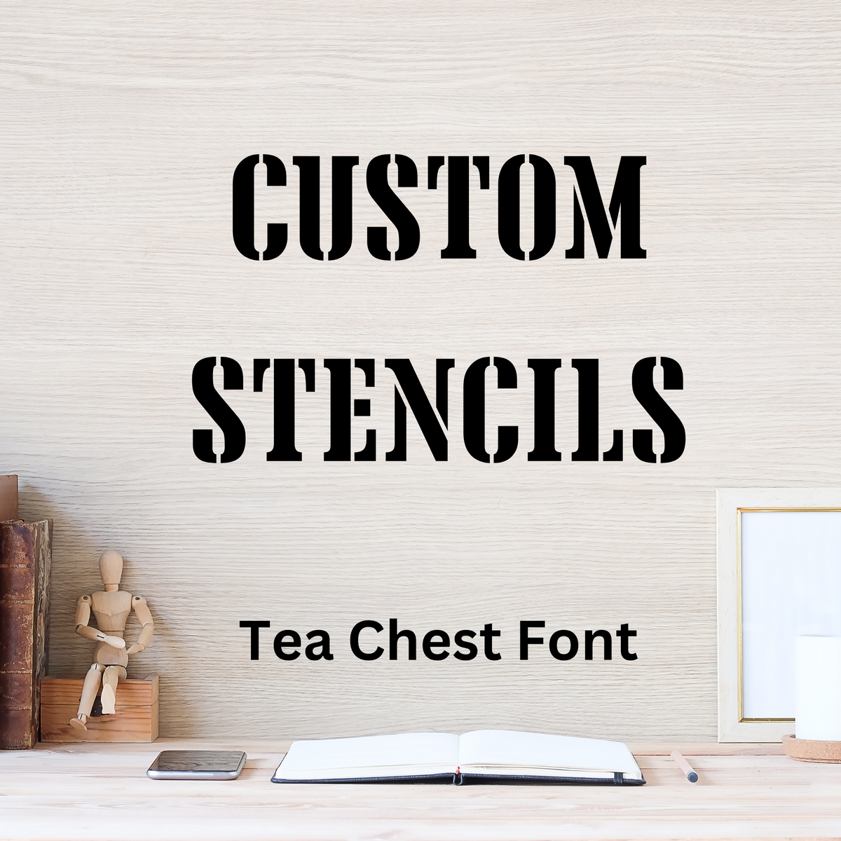 Custom stencil lettering sample in the Tea Chest font, a heavy western slab typeface