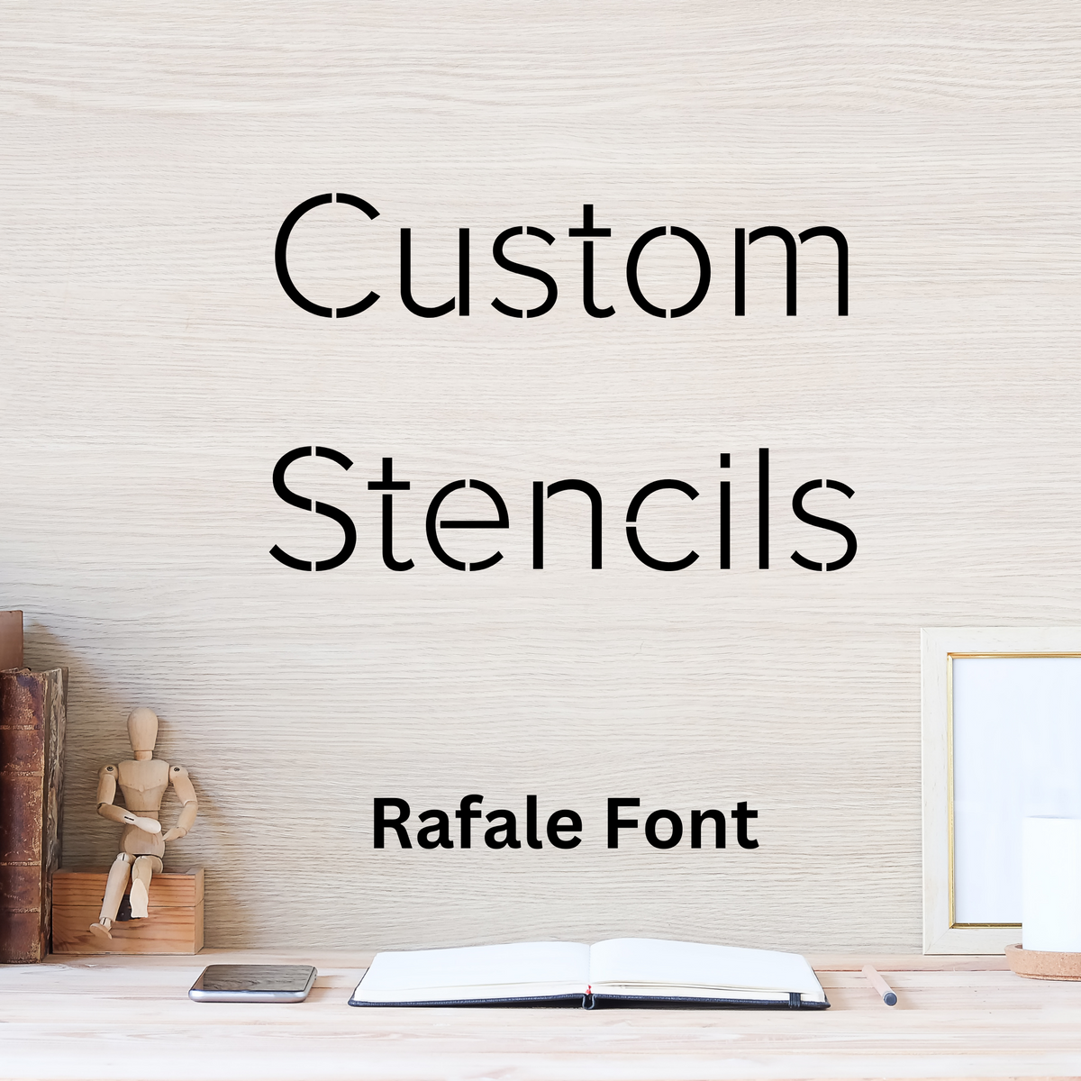 Custom stencil lettering sample in the Rafale font, a thin modern sans serif