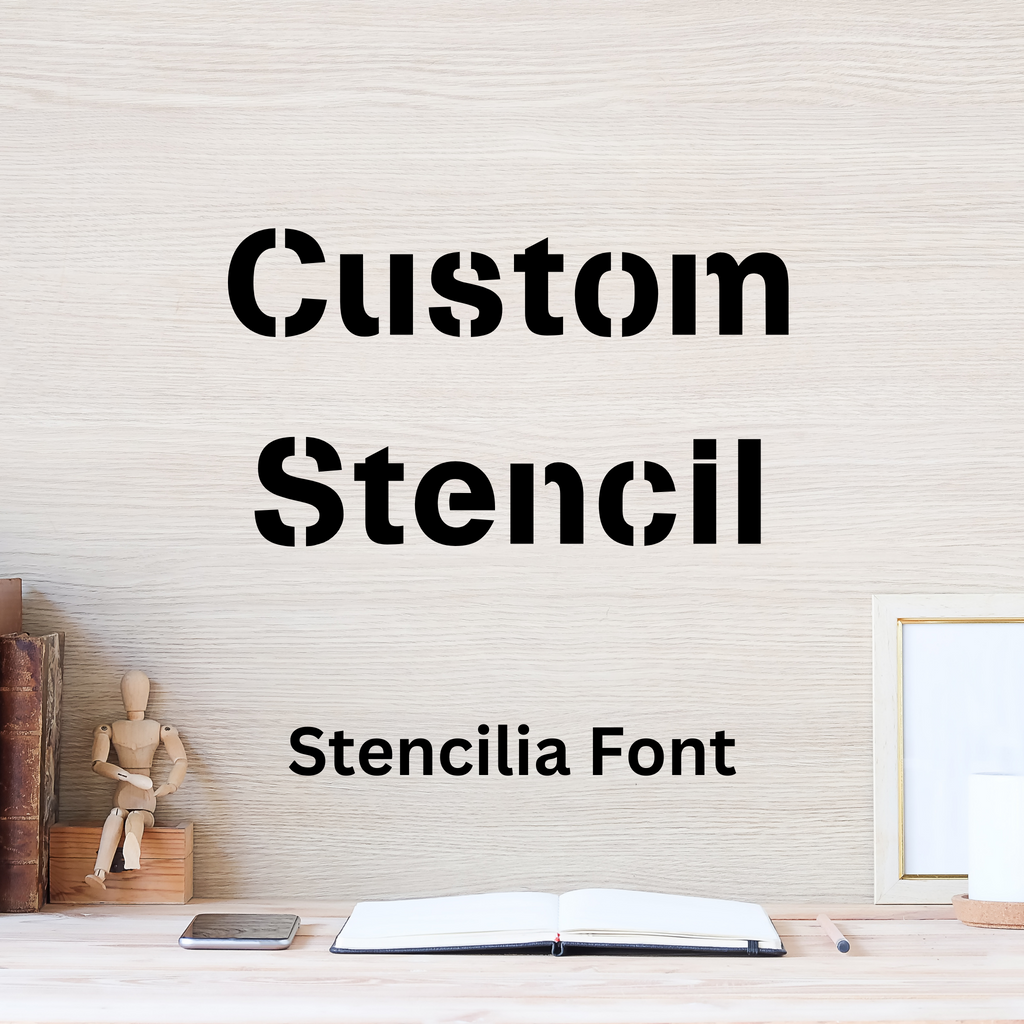 Custom stencil lettering sample in the Stencilia font, a classic bridged serif stencil typeface