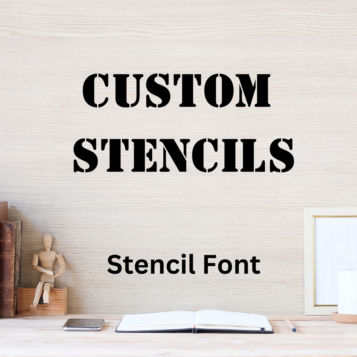Custom stencil lettering sample in the Stencil font, a traditional bold bridged stencil typeface