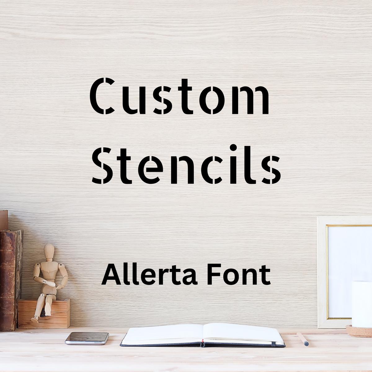 Custom stencil lettering sample in the Allerta font, a clean humanist sans serif