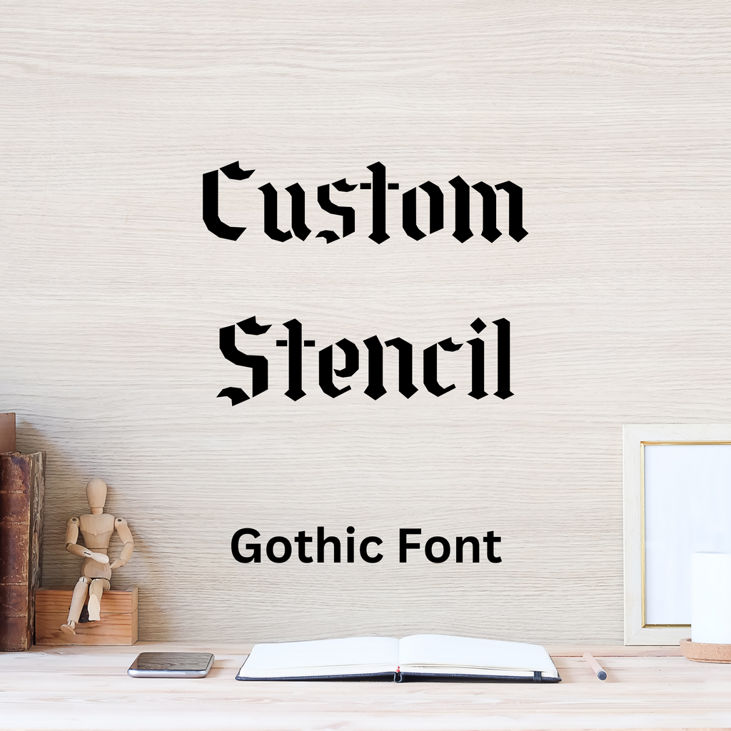 Custom stencil lettering sample in the Gothic font, a blackletter style stencil typeface