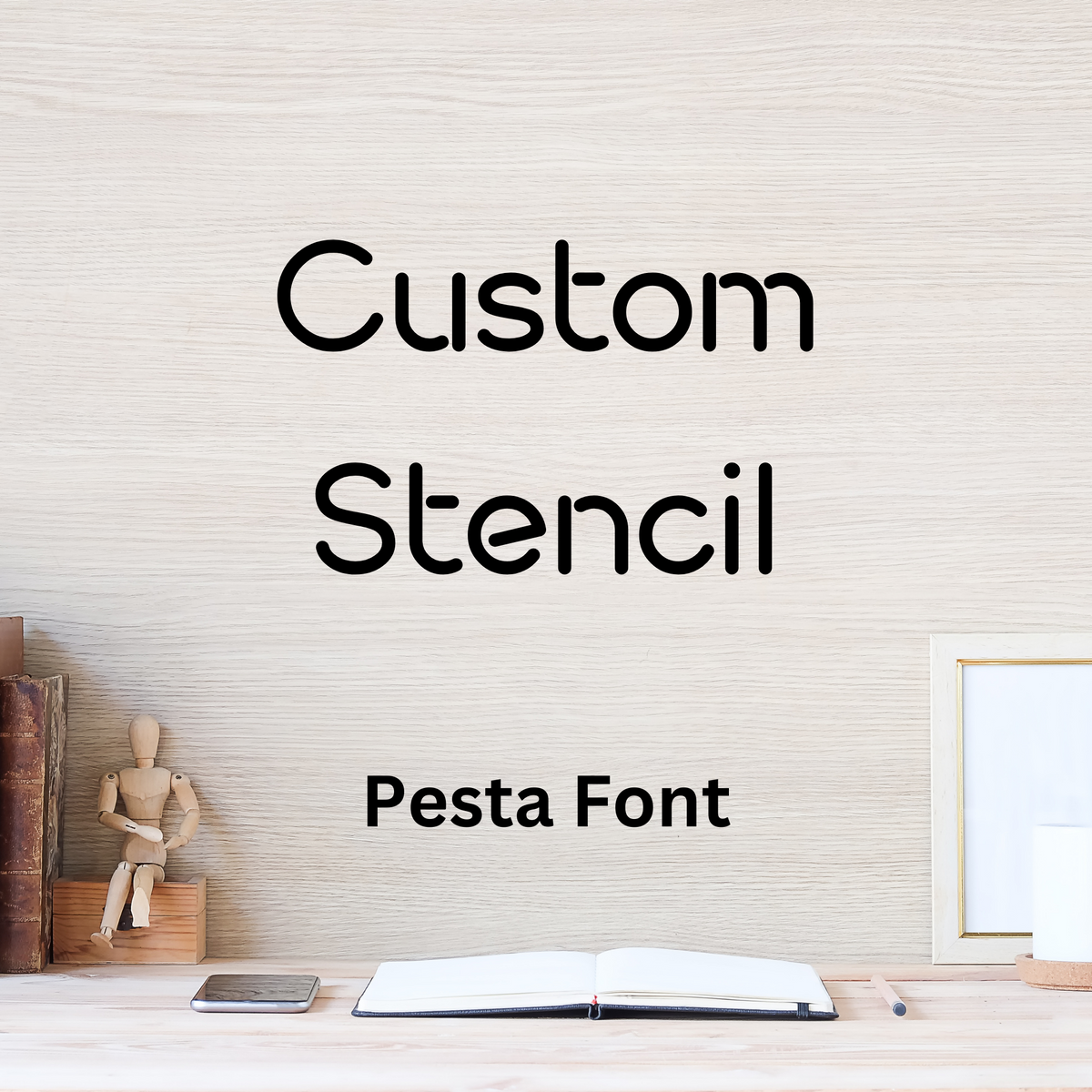 Custom stencil lettering sample in the Pesta font, a rounded geometric sans serif