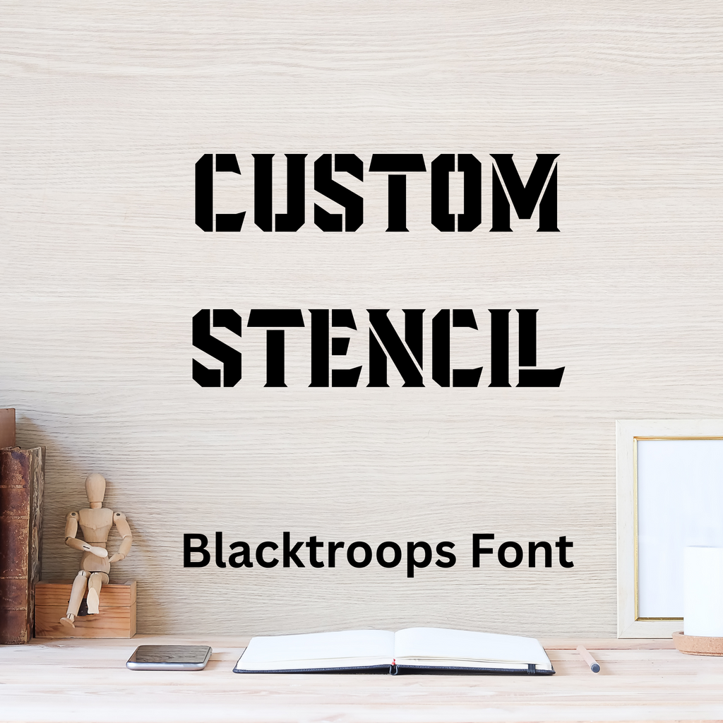 Custom stencil lettering sample in the Blacktroops font, a bold slab stencil typeface