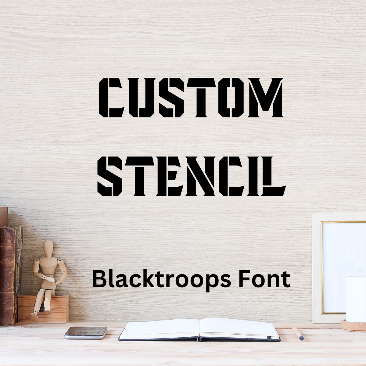 Custom stencil lettering sample in the Blacktroops font, a bold slab stencil typeface