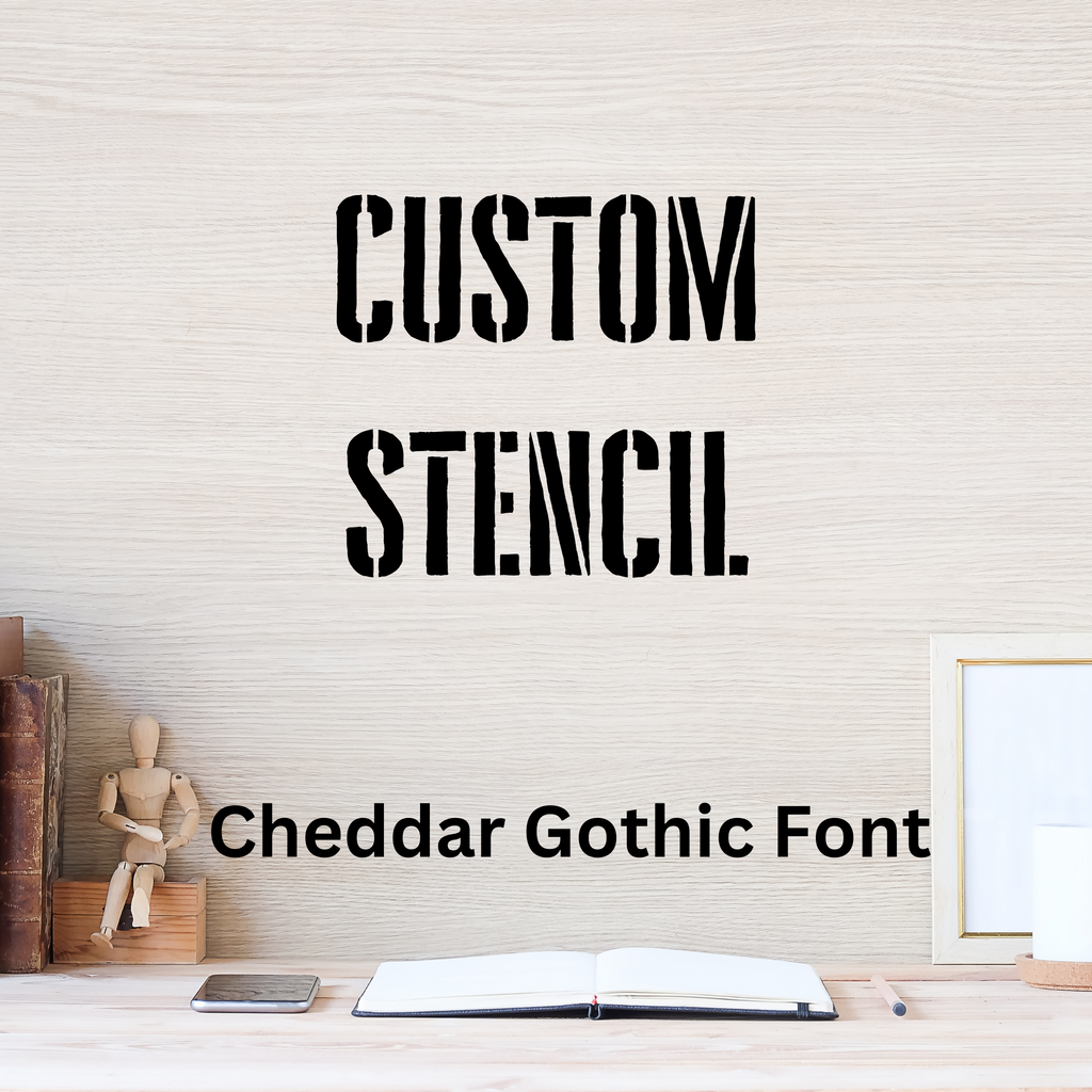 Custom stencil lettering sample in the Cheddar Gothic font, a tall condensed stencil typeface