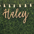 Custom wood name sign reading Haley in cursive script mounted on a green boxwood backdrop with tassel garland