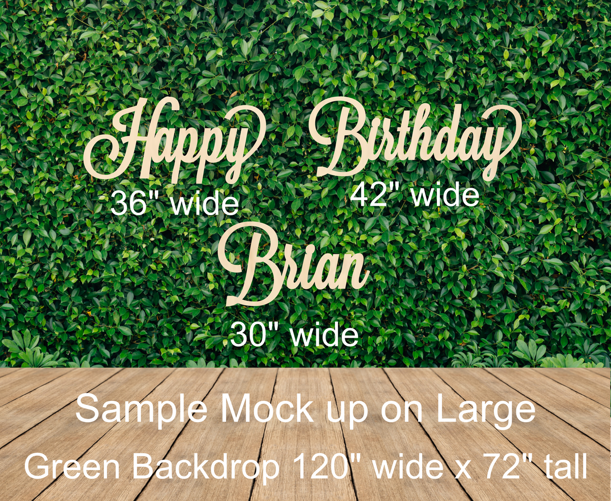Size guide showing 30, 36 and 42 inch wide custom wood signs on a 120 by 72 inch green backdrop