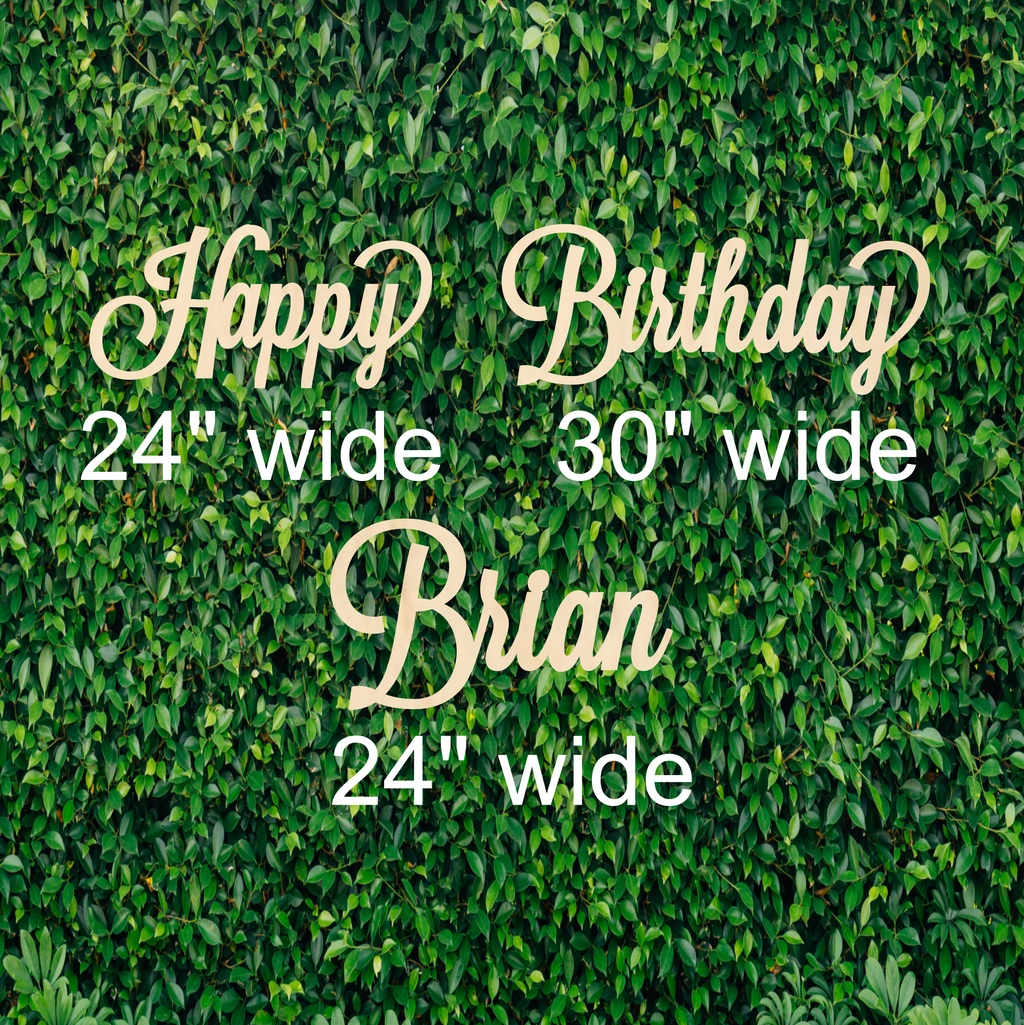 Size guide showing 24 and 30 inch wide custom wood signs on a 72 by 72 inch green backdrop
