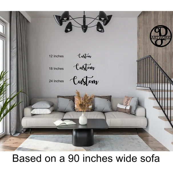 Custom wood sign scale guide showing 13, 18 and 24 inch wide signs above a 90 inch sofa
