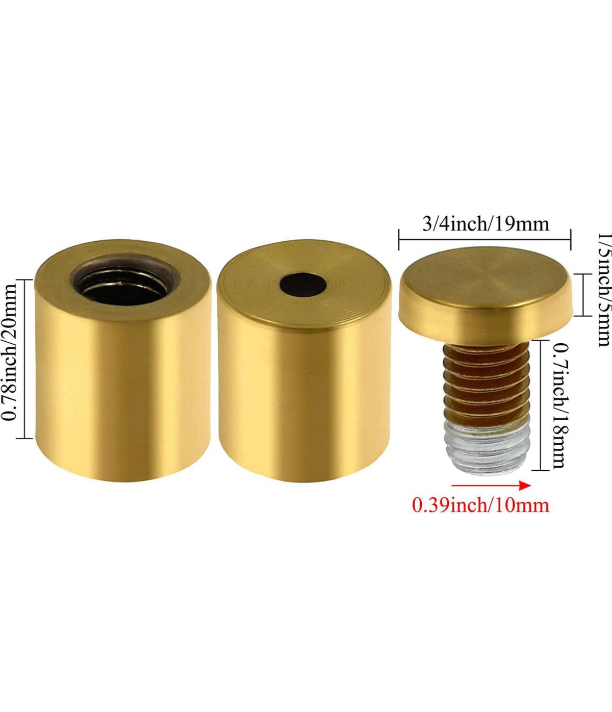 Gold standoff hardware for a large straight corner floating acrylic frame with size measurements