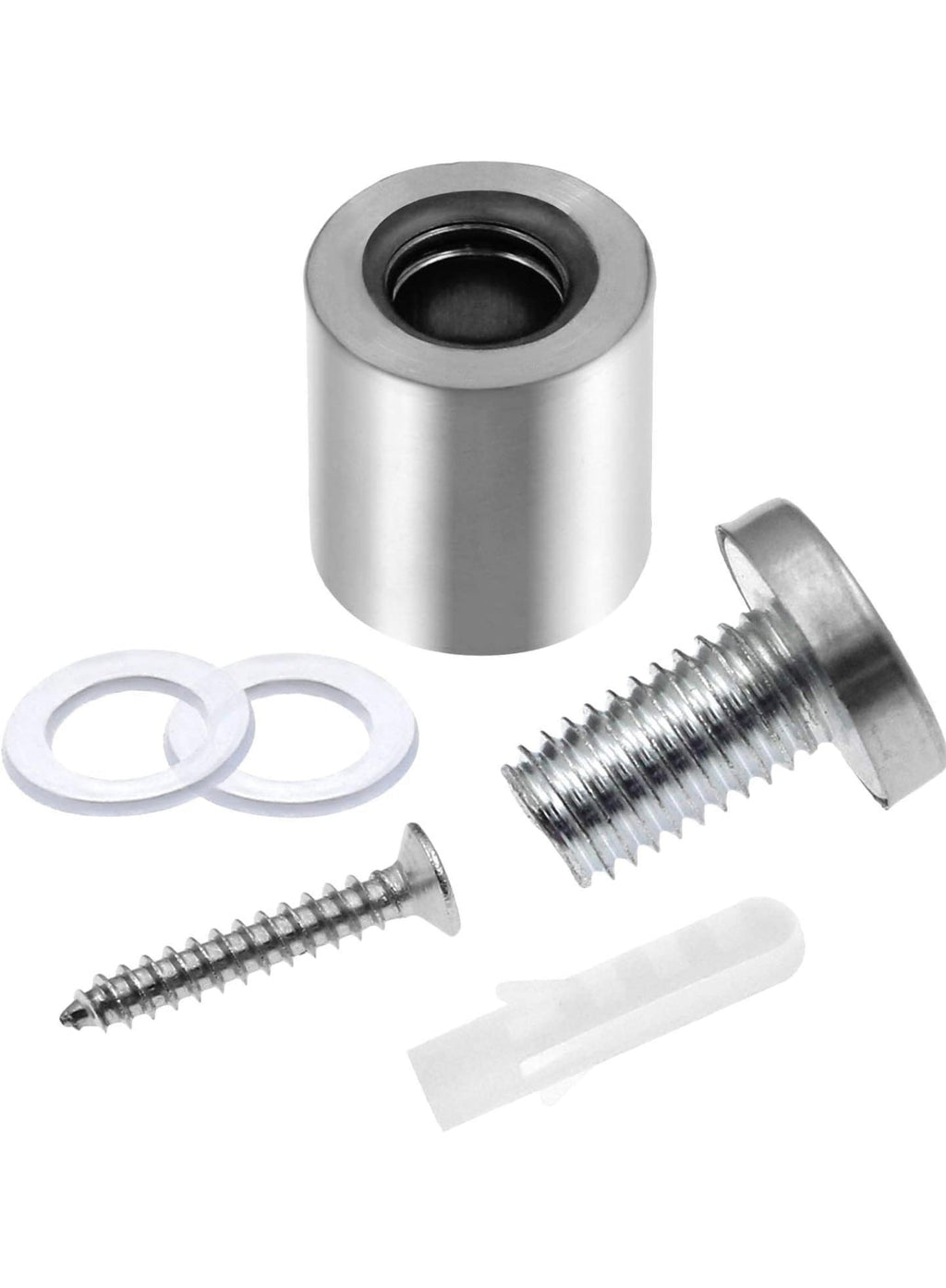 Brushed silver standoff kit for a straight corner acrylic frame including barrel, cap, screw, washers and drywall anchor