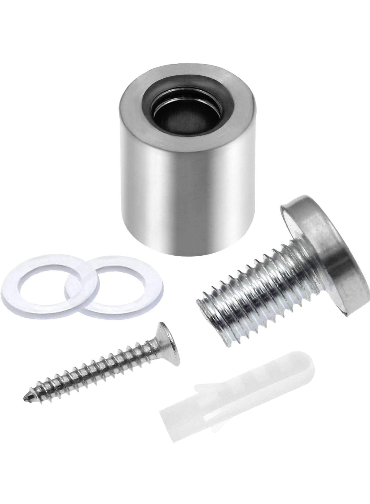 Brushed silver standoff kit for a straight corner acrylic frame including barrel, cap, screw, washers and drywall anchor