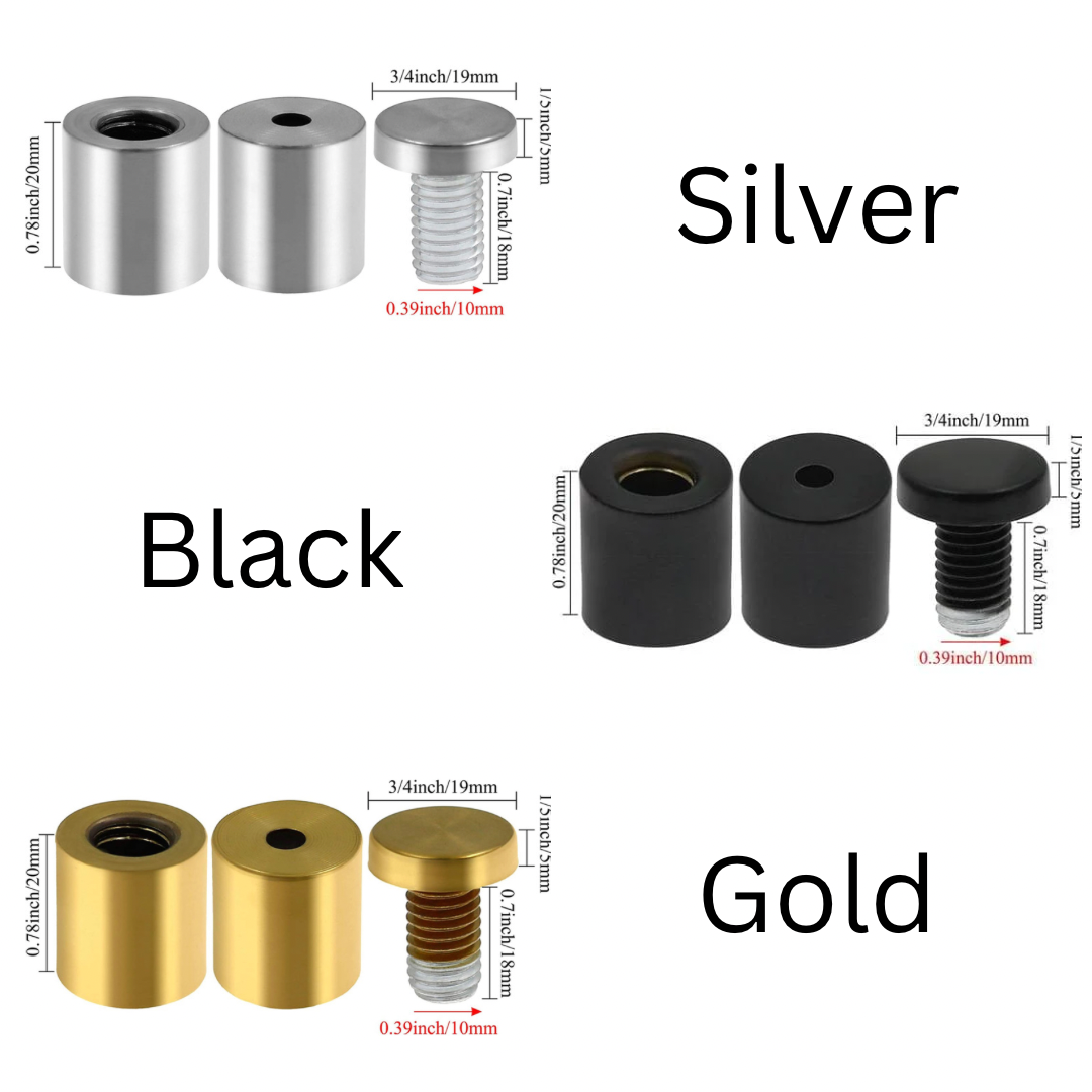 Silver, black and gold standoff finish options for straight corner floating acrylic picture frames