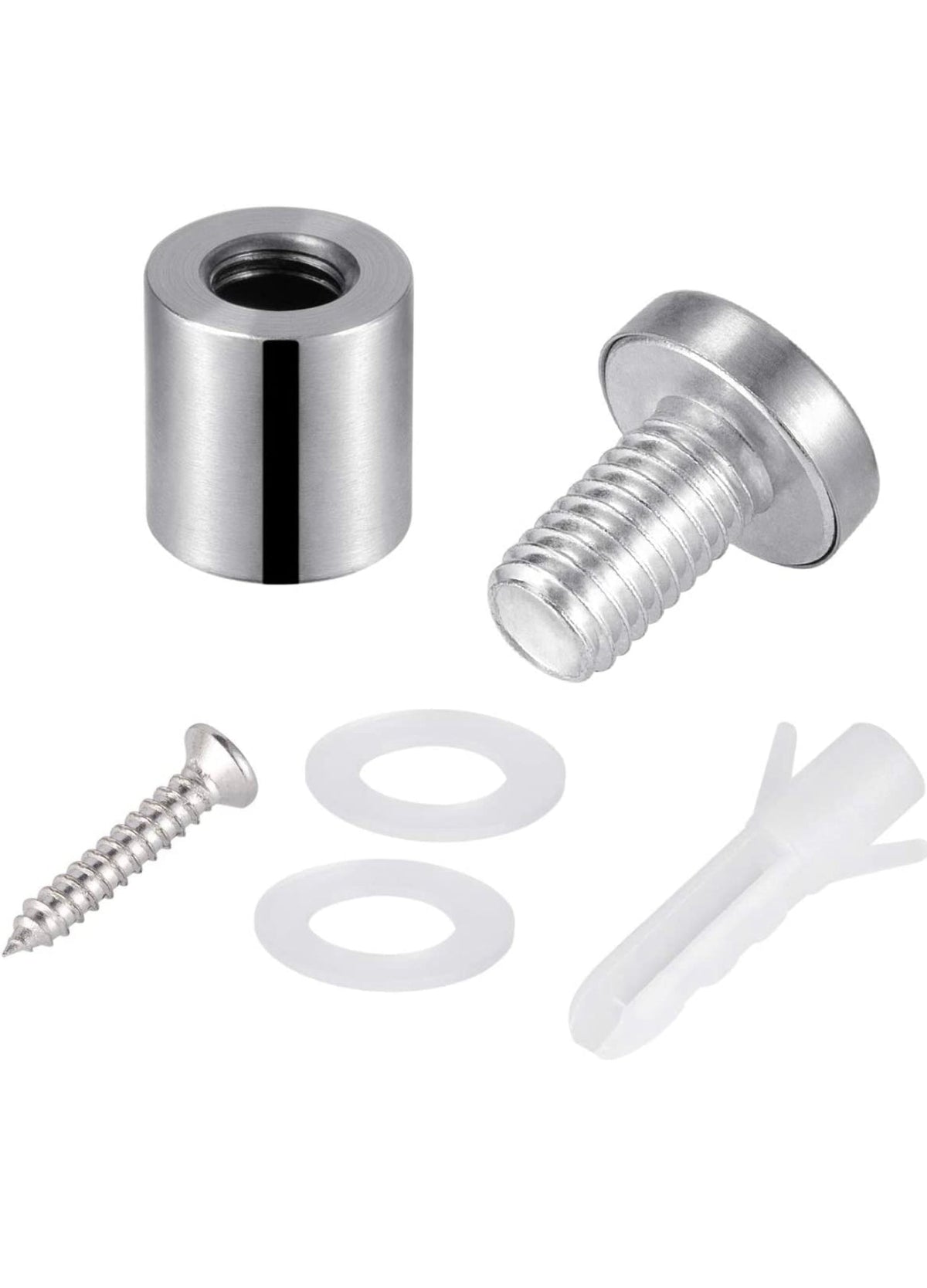 Brushed silver standoff kit for a round corner acrylic frame including barrel, cap, screw, washers and drywall anchor
