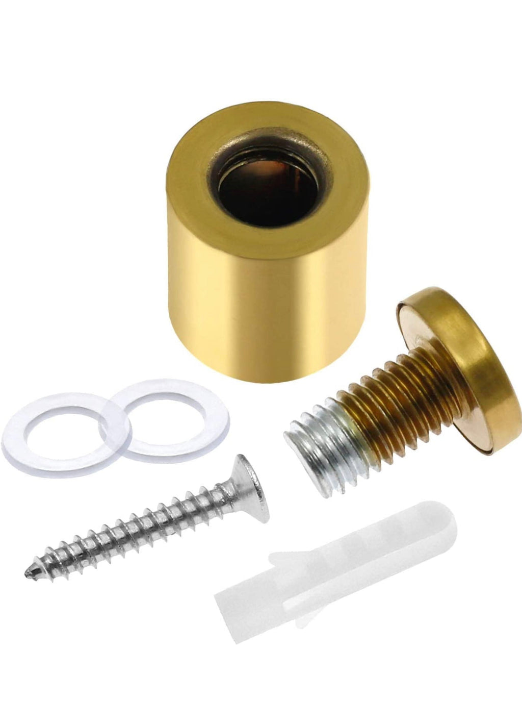 Gold standoff kit for a round corner acrylic frame including barrel, cap, screw, washers and drywall anchor