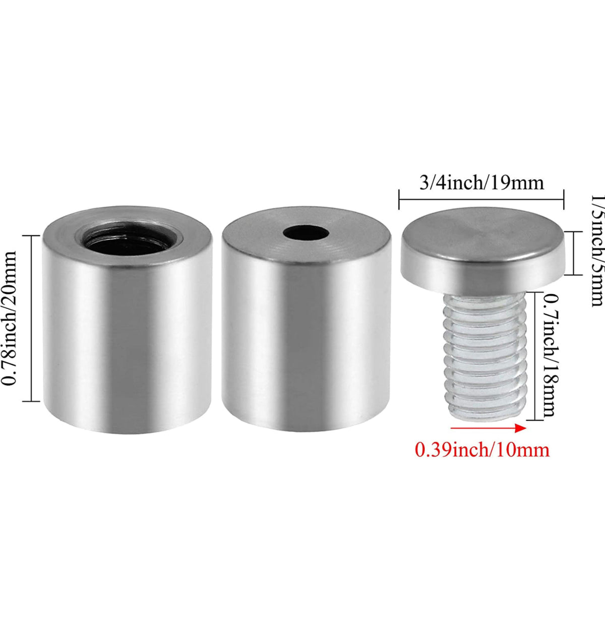 Brushed silver standoff hardware for a white floating acrylic picture frame with size measurements
