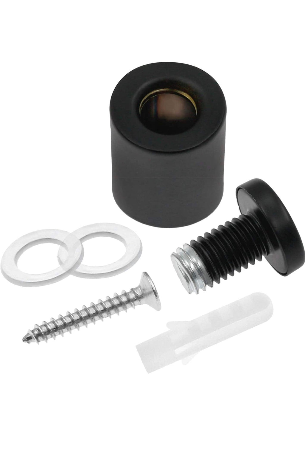 Matte black standoff kit for a round corner acrylic frame including barrel, cap, screw, washers and drywall anchor